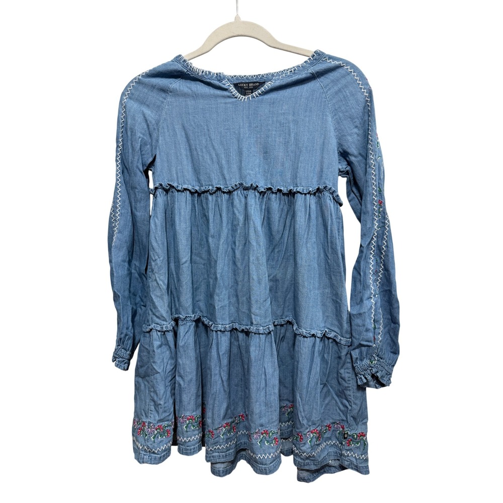 Lucky Brand Kids Blue Chambray Floral Embroidered Tiered Dress Large 12/14